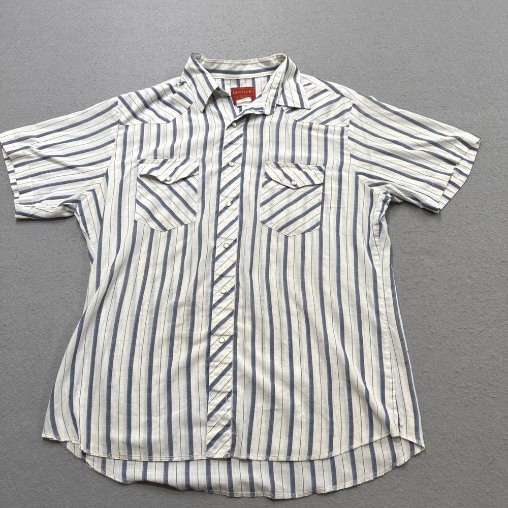 Rustler Striped Shirt Men's XL Blue White Pearl Snap Short Sleeve Preppy Western